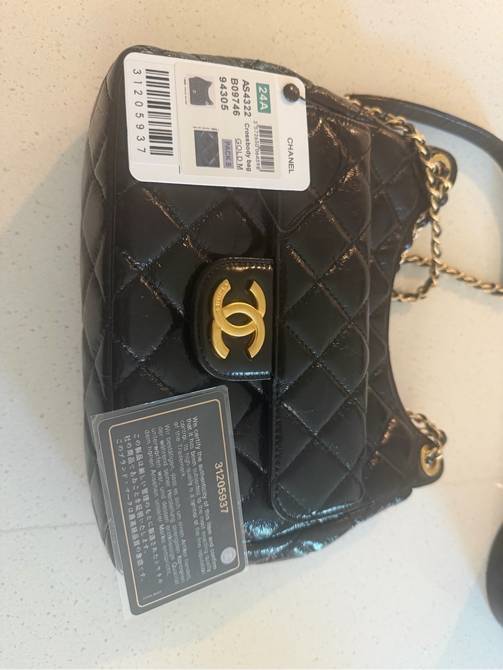 CHANEL Black Quilted Patent Leather Crossbody with Gold Chain & CC Turnlock - Picture 7 of 9